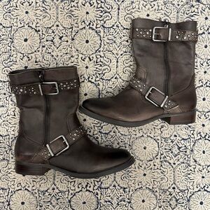 Arturo Chiang Dark Brown Moto Boots with Studded Straps